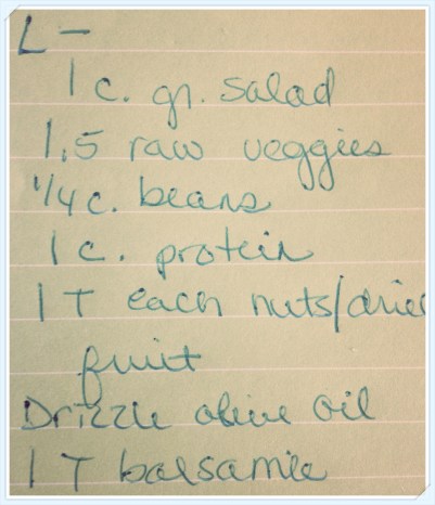 A picture of my handwritten copy of this salad recipe.  Recipe from the Hunger Fix book by Pam Peeke.